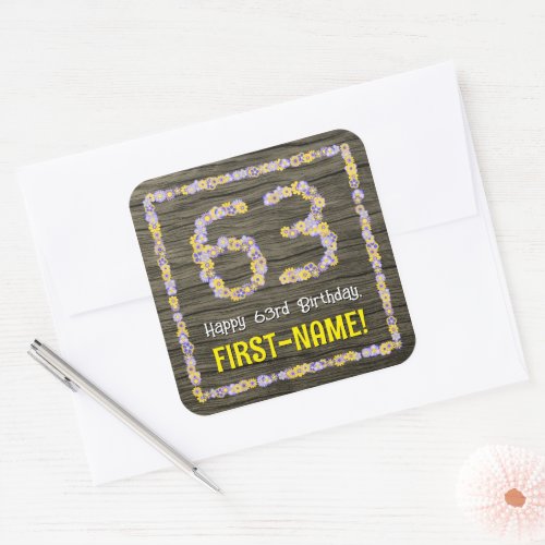 63rd Birthday Floral Number Faux Wood Look Name Square Sticker