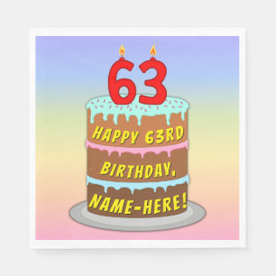 63rd Birthday: Fun Cake and Candles + Custom Name Napkins