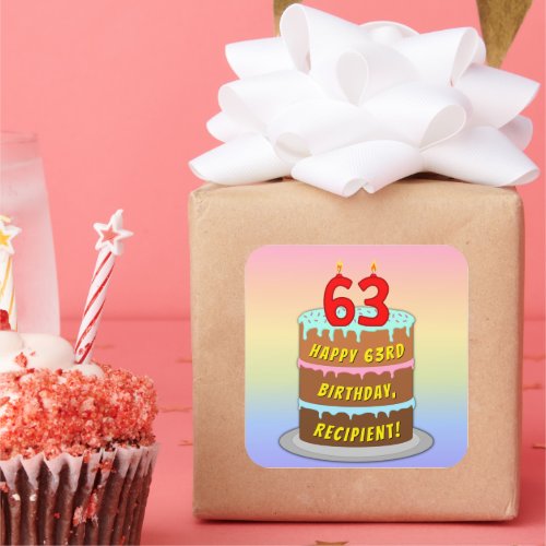 63rd Birthday Fun Cake and Candles  Custom Name Square Sticker