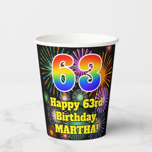63rd Birthday Fun Fireworks Pattern  Rainbow 63 Paper Cups