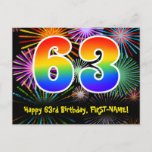 [ Thumbnail: 63rd Birthday – Fun Fireworks Pattern + Rainbow 63 Postcard ]