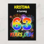 [ Thumbnail: 63rd Birthday - Fun Fireworks, Rainbow Look "63" Postcard ]