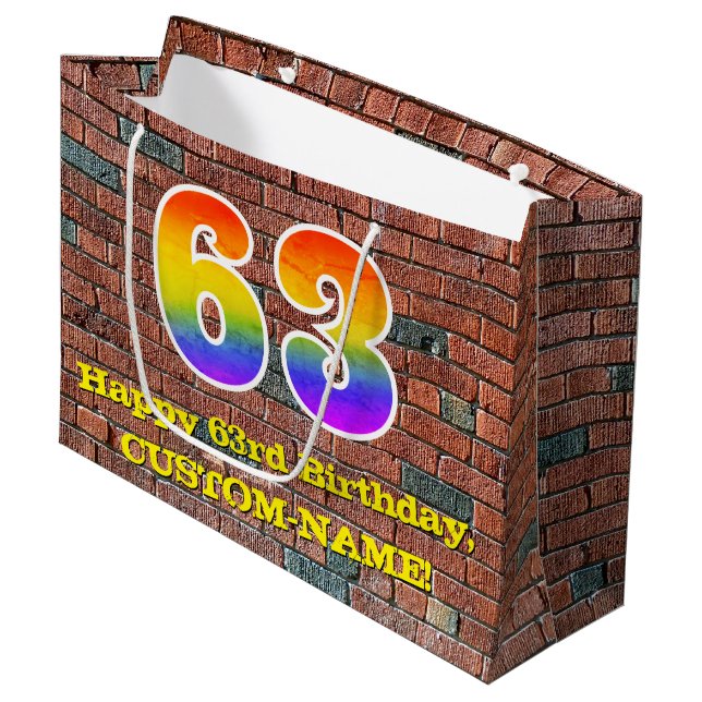 63rd Birthday: Fun, Graffiti-Inspired Rainbow # 63 Large Gift Bag (Front Angled)