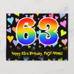 [ Thumbnail: 63rd Birthday: Fun Hearts Pattern, Rainbow 63 Postcard ]