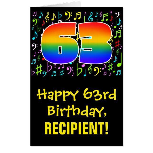 63rd Birthday: Fun Music Symbols + Rainbow # 63 Card (Front)