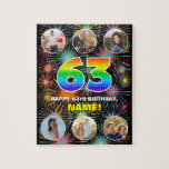 [ Thumbnail: 63rd Birthday: Fun Rainbow #, Custom Name + Photos Jigsaw Puzzle ]
