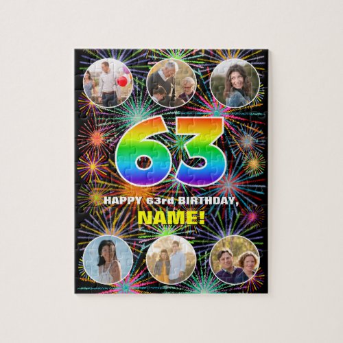 63rd Birthday Fun Rainbow  Custom Name  Photos Jigsaw Puzzle