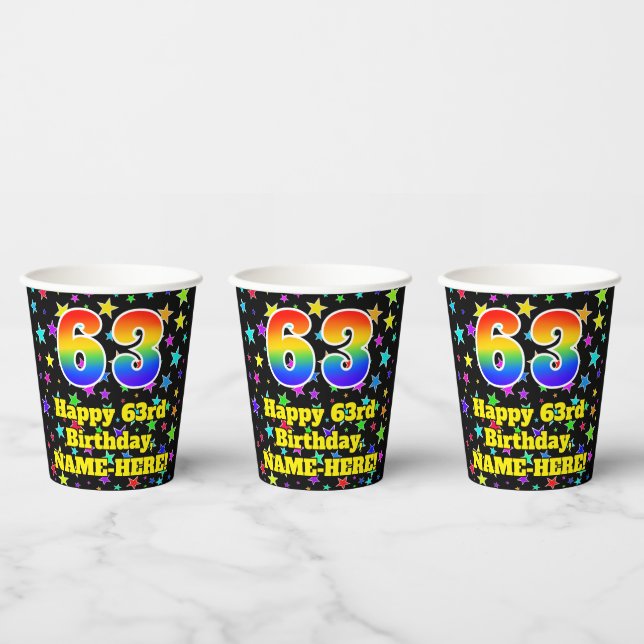 63rd Birthday: Fun Stars Pattern and Rainbow 63 Paper Cups (Multi)