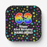 [ Thumbnail: 63rd Birthday: Fun Stars Pattern and Rainbow “63” Paper Plates ]