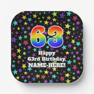 63rd Birthday: Fun Stars Pattern and Rainbow “63” Paper Plates