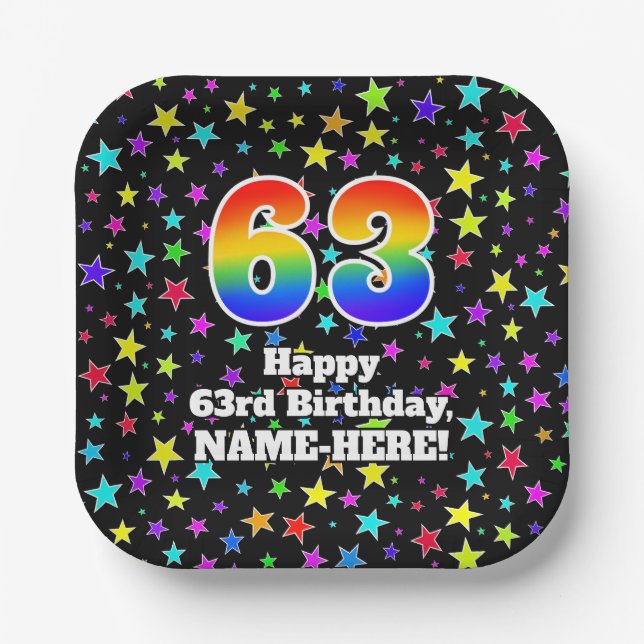 63rd Birthday: Fun Stars Pattern and Rainbow “63” Paper Plates (Front)