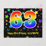 [ Thumbnail: 63rd Birthday: Fun Stars Pattern, Rainbow 63, Name Postcard ]