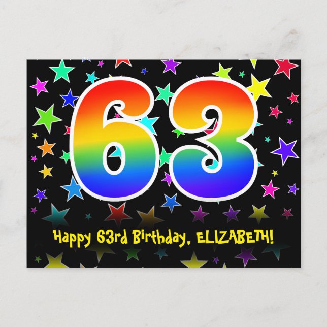63rd Birthday: Fun Stars Pattern, Rainbow 63, Name Postcard (Front)