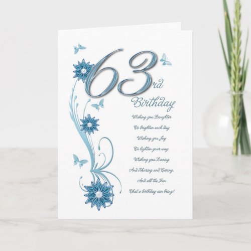 63rd birthday in teal with flowers and butterfly card