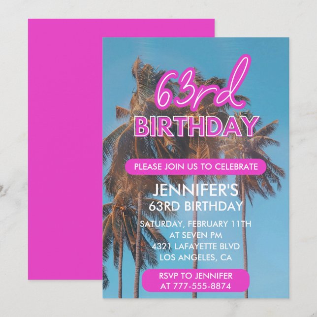 63rd birthday invitation Summer Pink Palm tree (Front/Back)