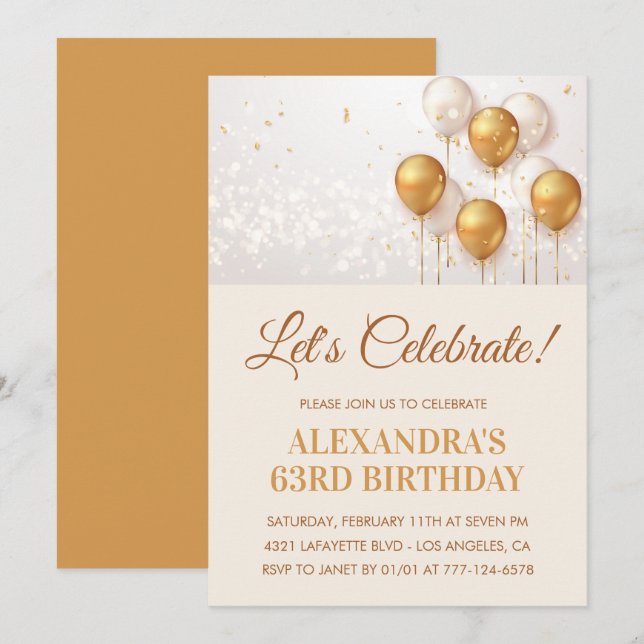 63rd birthday invitations Gold Balloons  (Front/Back)
