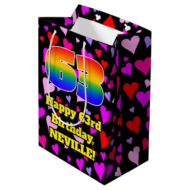 63rd Birthday: Loving Hearts Pattern, Rainbow # 63 Medium Gift Bag (Back Angled)
