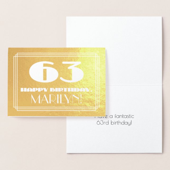 63rd Birthday: Name + Art Deco Inspired Look "63" Foil Card (Display)