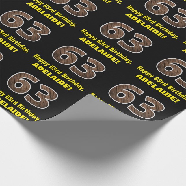 63rd Birthday: Name & Faux Wood Grain Pattern "63" Wrapping Paper (Corner)