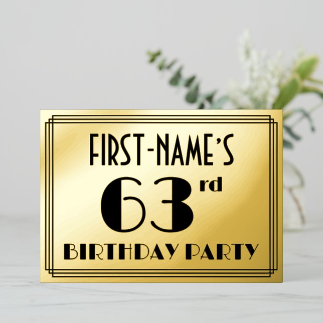 63rd Birthday Party — Art Deco Look “63” + Name Foil Invitation (Standing Front)