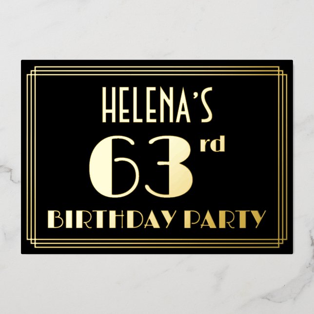 63rd Birthday Party: Art Deco Look “63”, w/ Name Foil Invitation (Front)