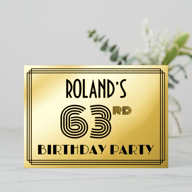 63rd Birthday Party — Art Deco Style “63” & Name Foil Invitation (Standing Front)