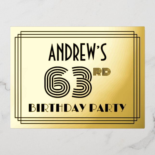 63rd Birthday Party ~ Art Deco Style “63” + Name Foil Invitation Postcard (Front)