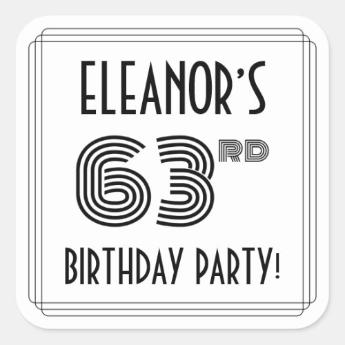 63rd Birthday Party Art Deco Style  Custom Name Square Sticker