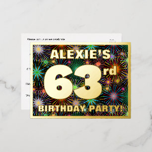 63rd Birthday Party: Bold, Colorful Fireworks Look Foil Invitation Postcard
