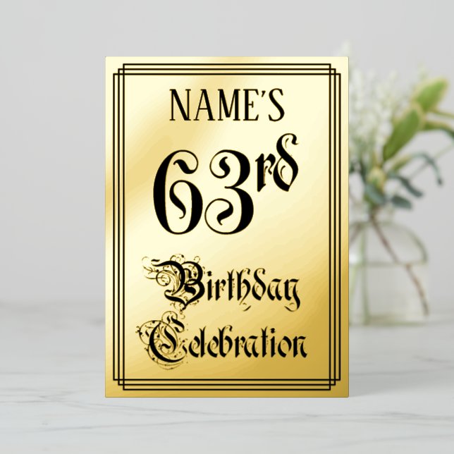63rd Birthday Party — Elegant Script + Custom Name Foil Invitation (Standing Front)