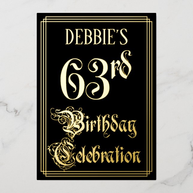 63rd Birthday Party — Fancy Script & Custom Name Foil Invitation (Front)