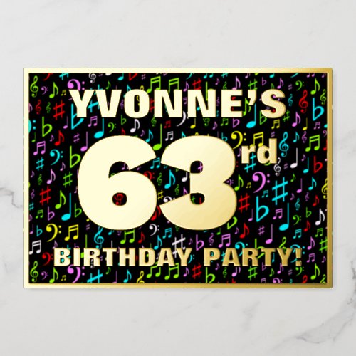 63rd Birthday Party  Fun Colorful Music Symbols Foil Invitation