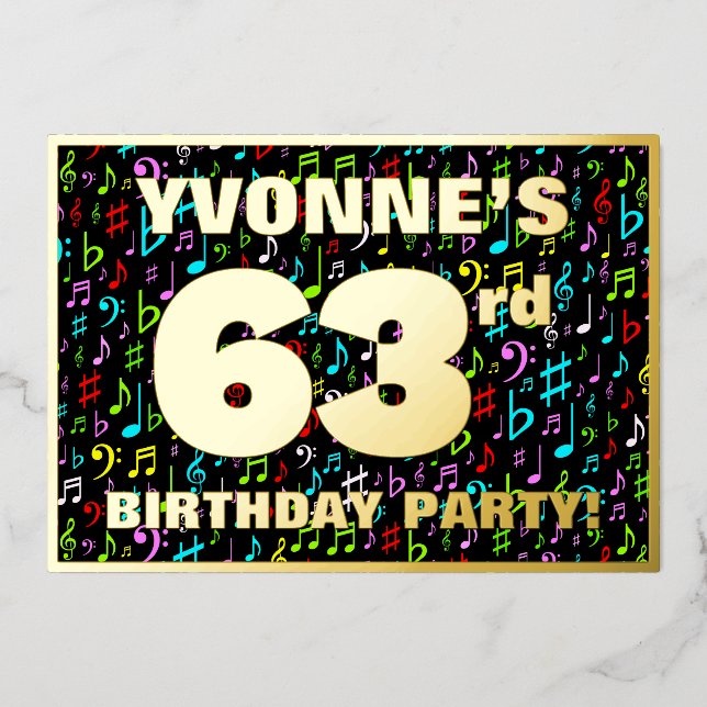 63rd Birthday Party — Fun, Colorful Music Symbols Foil Invitation (Front)