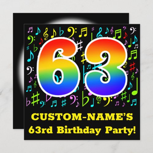 63rd Birthday Party Fun Music Symbols Rainbow 63 Invitation