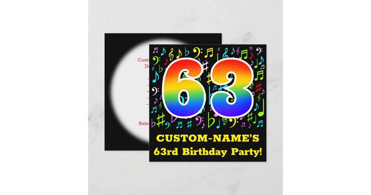 63rd Birthday Party: Fun Music Symbols, Rainbow 63 Invitation | Zazzle