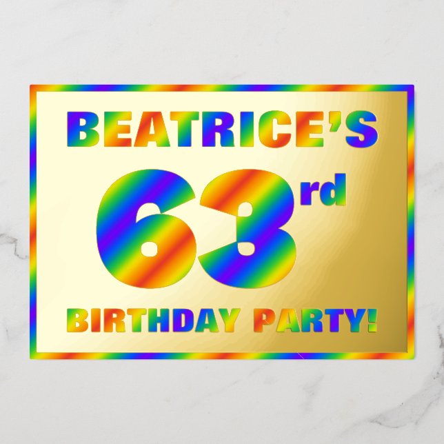 63rd Birthday Party — Fun, Rainbow Spectrum “63” Foil Invitation (Front)