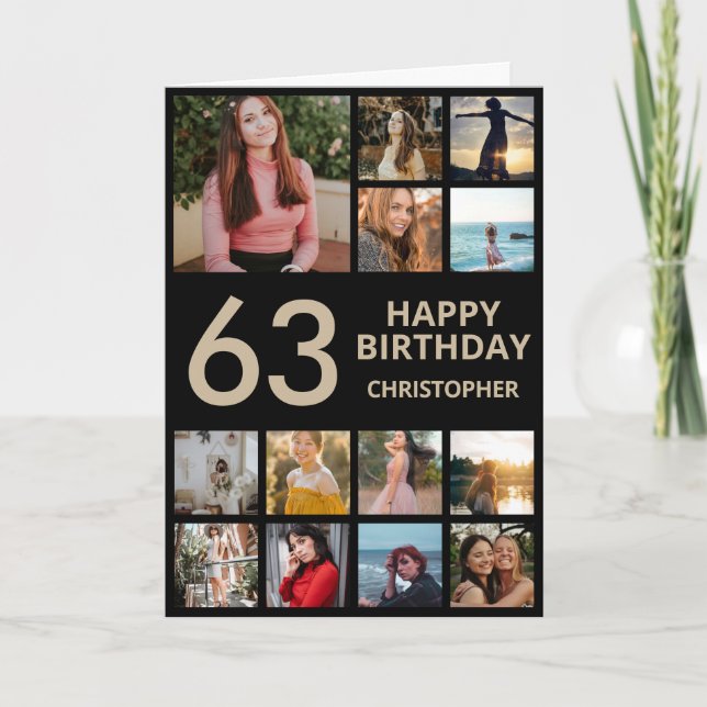 63rd Birthday Photo Collage 13 Photos Black & Gold Card (Front)