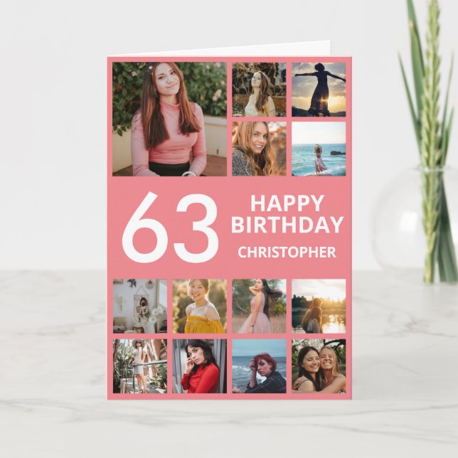 63rd Birthday Photo Collage 13 Photos Pink & White Card (Front)