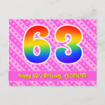 [ Thumbnail: 63rd Birthday: Pink Stripes & Hearts, Rainbow 63 Postcard ]