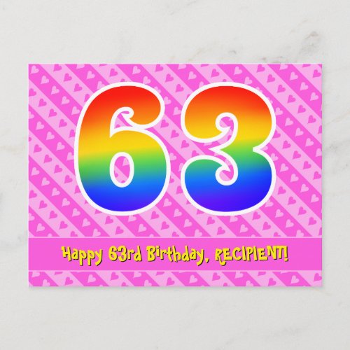 63rd Birthday Pink Stripes  Hearts Rainbow 63 Postcard