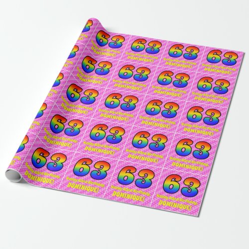 63rd Birthday Pink Stripes  Hearts Rainbow  63 Wrapping Paper