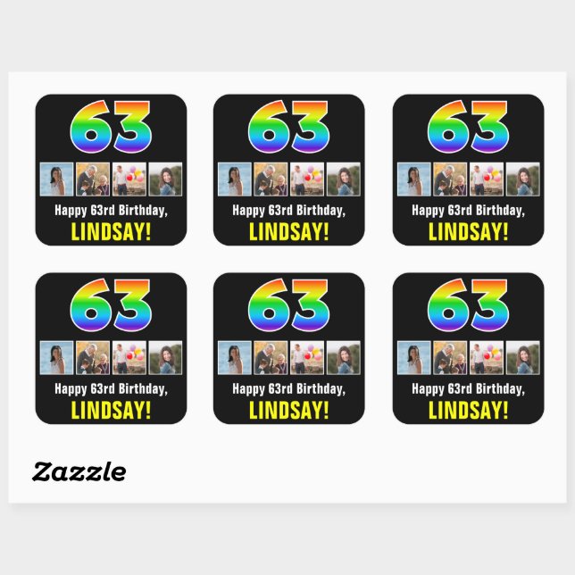63rd Birthday: Rainbow “63”; Custom Photos & Name Square Sticker (Sheet)
