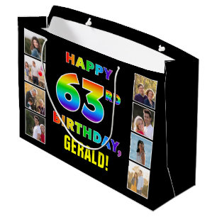 63rd Birthday: Rainbow Text, Custom Photos & Name Large Gift Bag