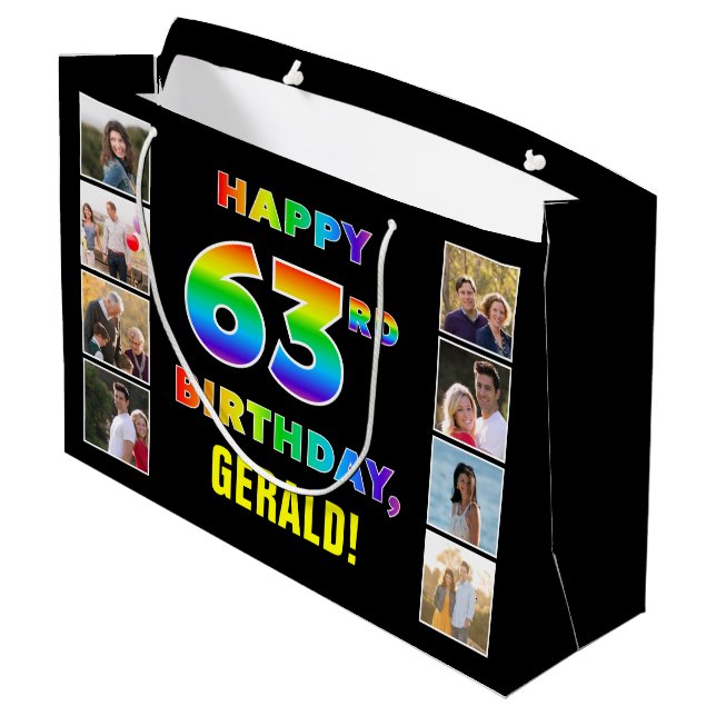 63rd Birthday: Rainbow Text, Custom Photos & Name Large Gift Bag (Back Angled)