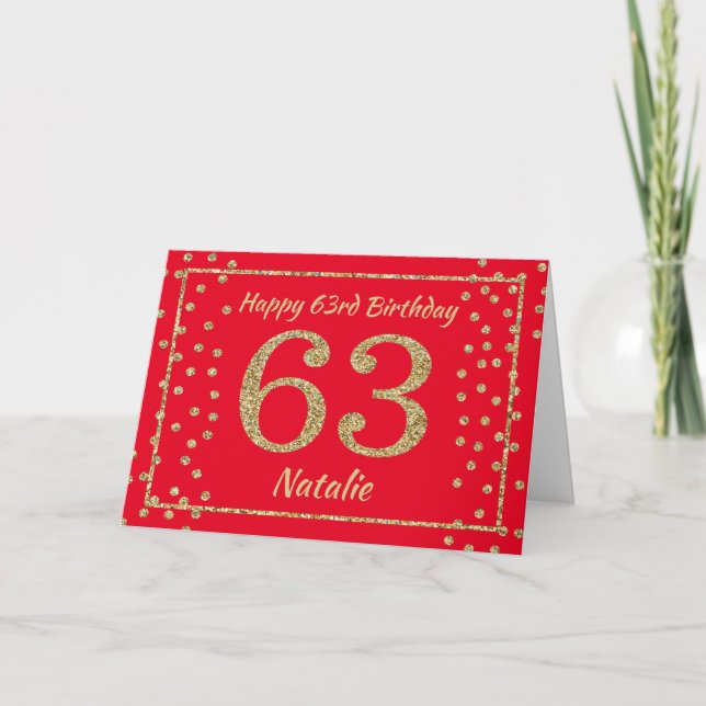 63rd Birthday Red and Gold Glitter Confetti Card (Front)