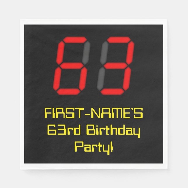 63rd Birthday: Red Digital Clock Style "63" + Name Napkins (Front)