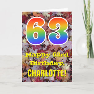 63rd Birthday; Rustic Autumn Leaves; Rainbow "63" Card