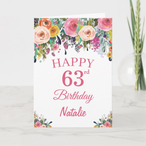 63rd Birthday Watercolor Floral Flowers Pink Card