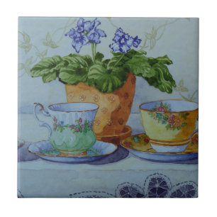6470 African Violet and Teacups Ceramic Tile