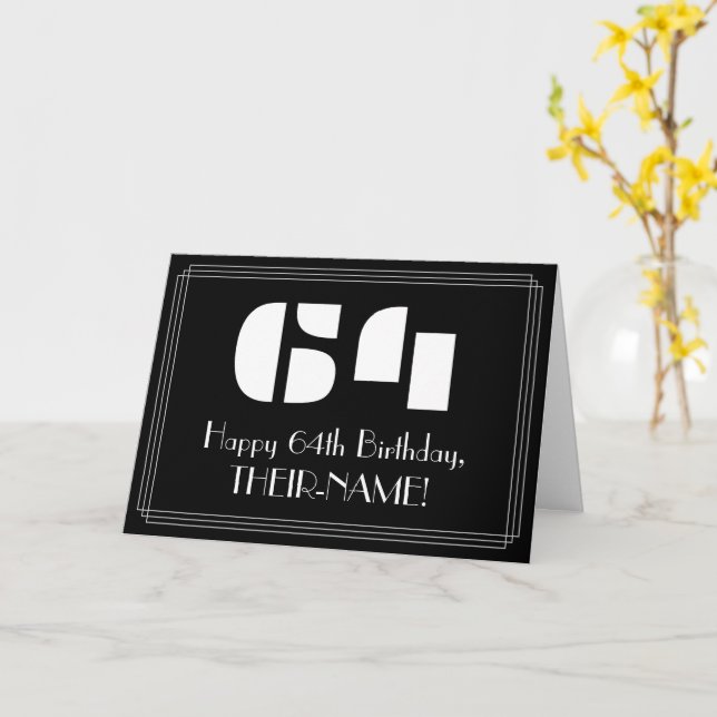 64th Birthday: Art Deco Inspired Look "64" & Name Card (Yellow Flower)